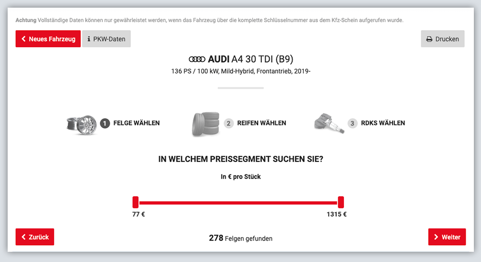 Felgenkonfigurator erklärt - Schritt  4 Preissegment